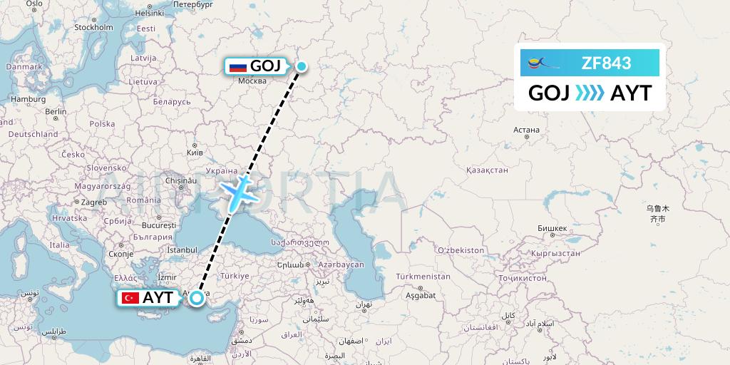 ZF843 Azur Air Flight Map: Nizhny Novgorod to Antalya