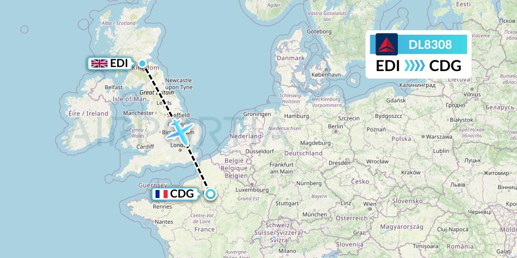 DL8308 Delta Air Lines Flight Map: Edinburgh to Paris