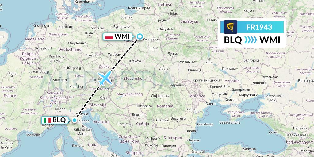 FR1943 Ryanair Flight Map: Bologna to Warsaw