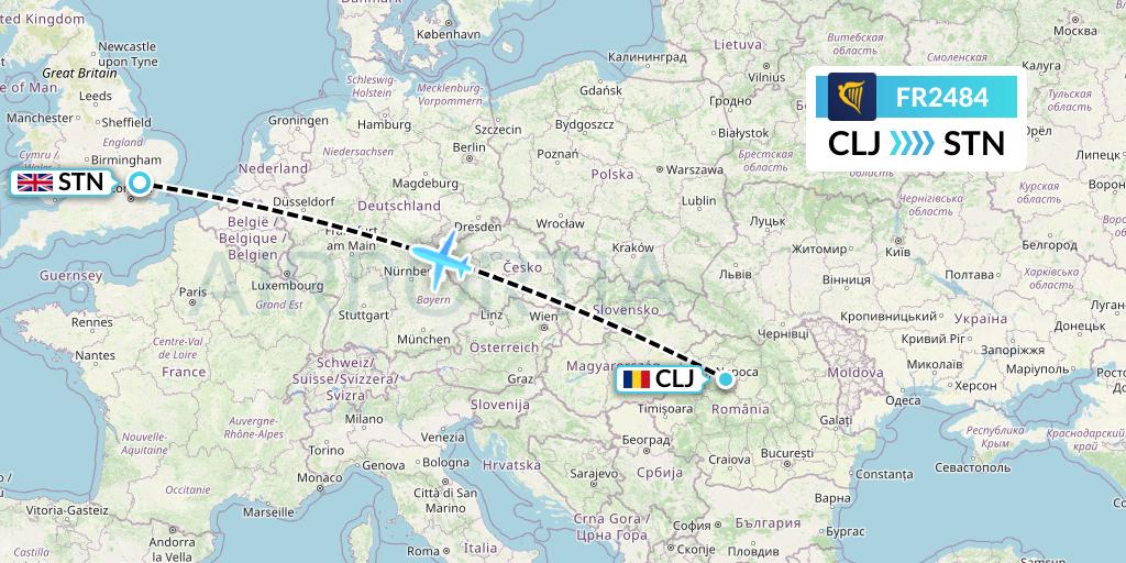FR2484 Ryanair Flight Map: Cluj-Napoca to London