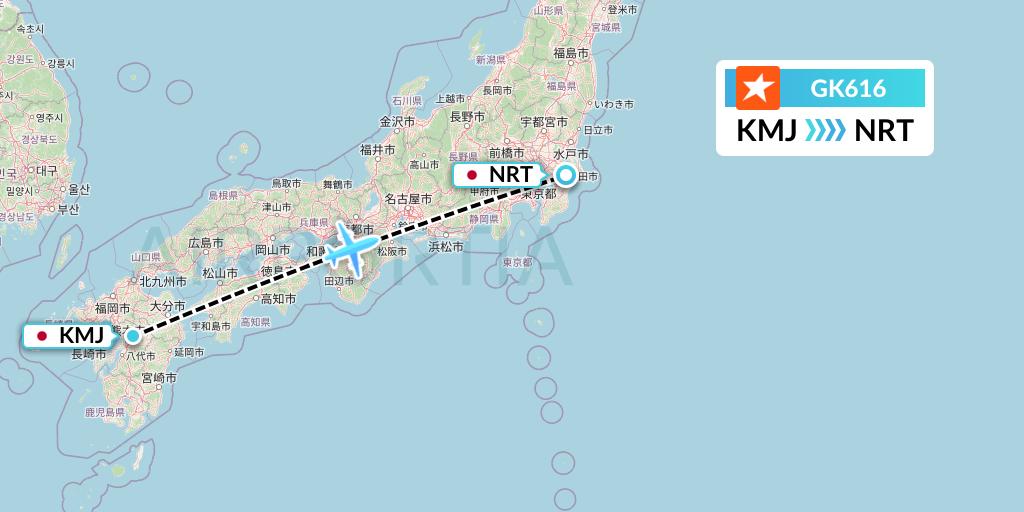 GK616 JetStar Japan Flight Map: Kumamoto to Tokyo