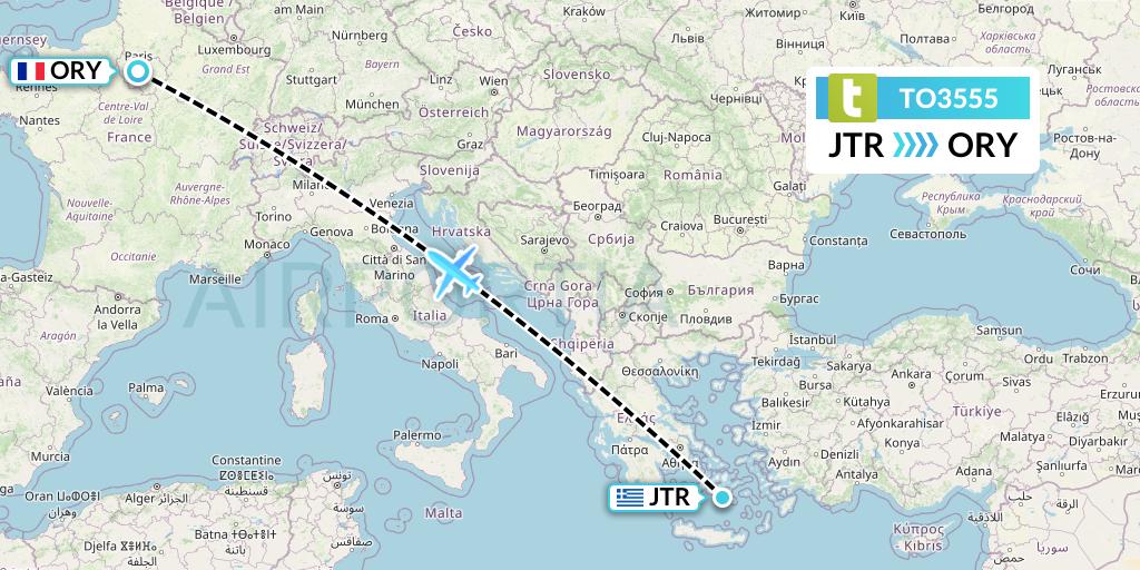 TO3555 Transavia France Flight Map: Santorini to Paris