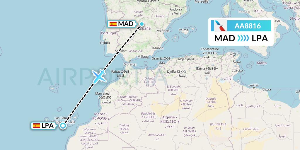 AA8816 American Airlines Flight Map: Madrid to Las Palmas