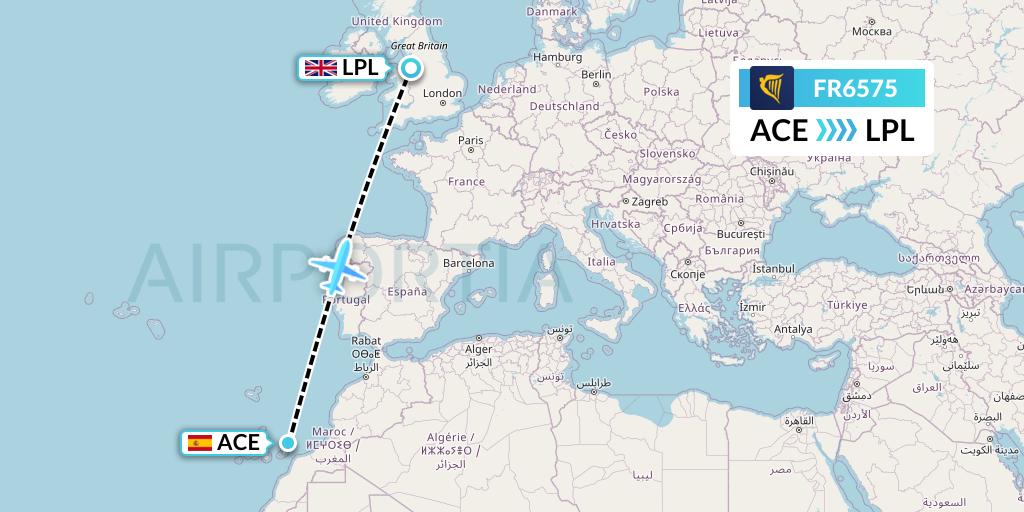 FR6575 Ryanair Flight Map: Lanzarote to Liverpool