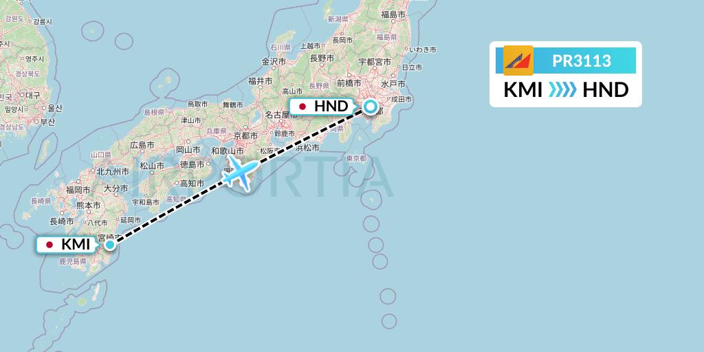 PR3113 Philippine Airlines Flight Map: Miyazaki to Tokyo