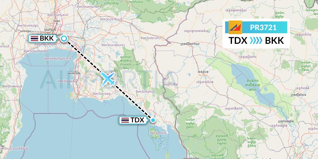 PR3721 Philippine Airlines Flight Map: Trat to Bangkok