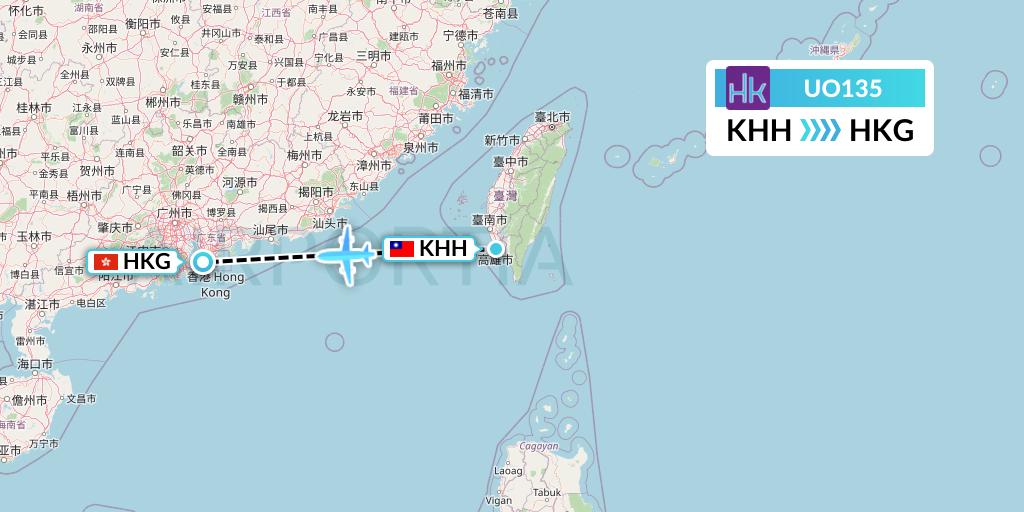 UO135 Hong Kong Express Flight Map: Kaohsiung to Hong Kong