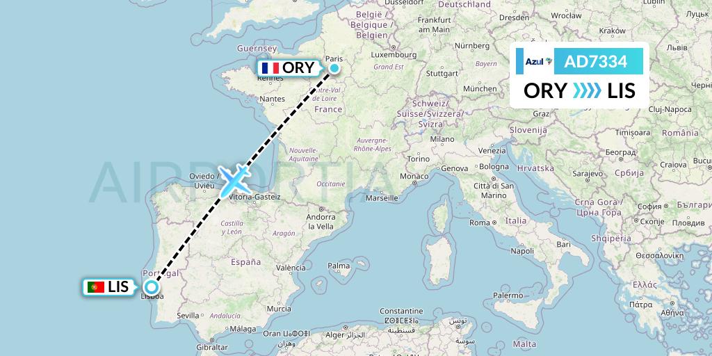 AD7334 Azul Brazilian Airlines Flight Map: Paris to Lisbon