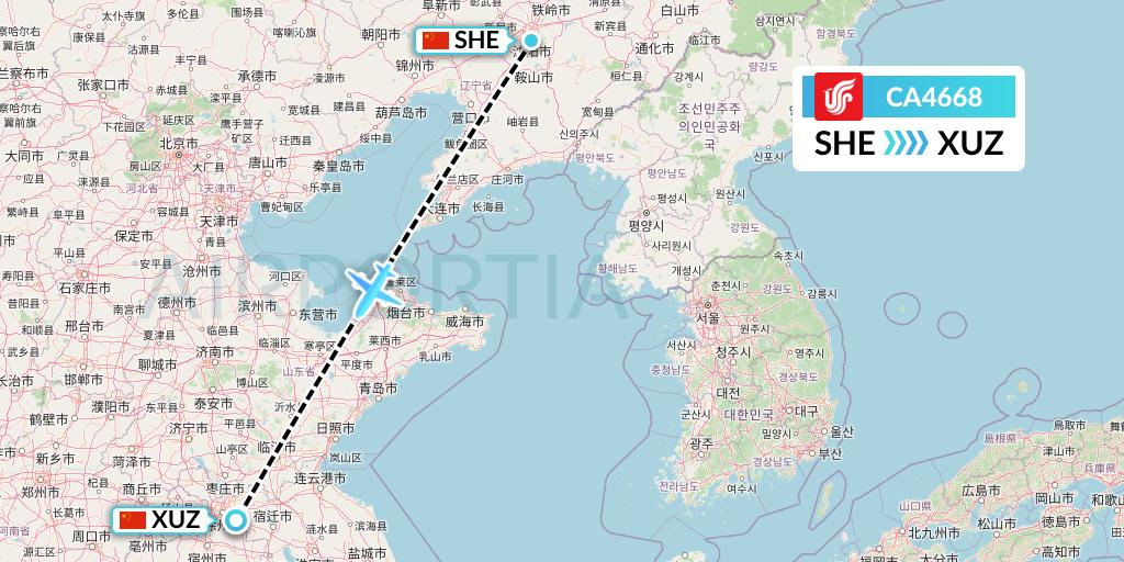 CA4668 Air China Flight Map: Shenyang to Xuzhou