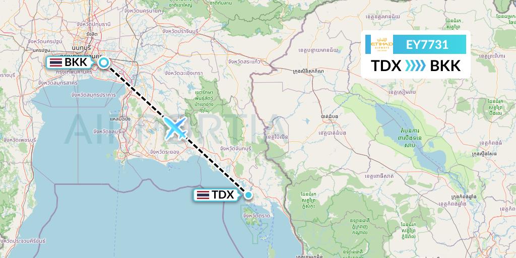 EY7731 Etihad Airways Flight Map: Trat to Bangkok