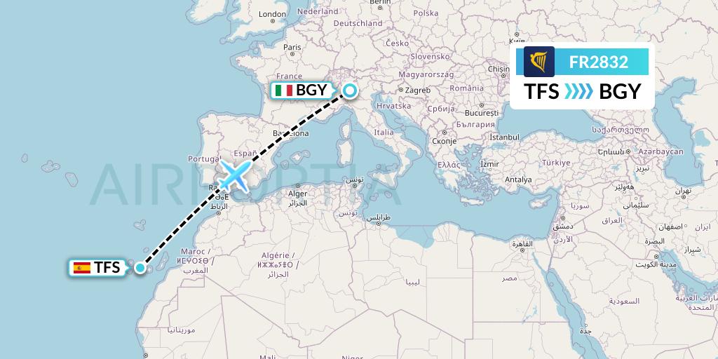 FR2832 Ryanair Flight Map: Tenerife to Milan