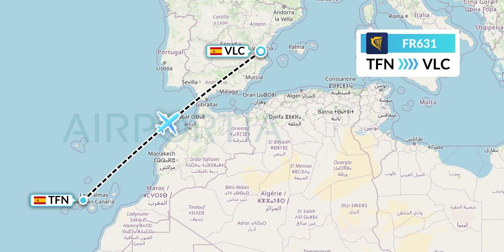 FR631 Ryanair Flight Map: Tenerife to Valencia