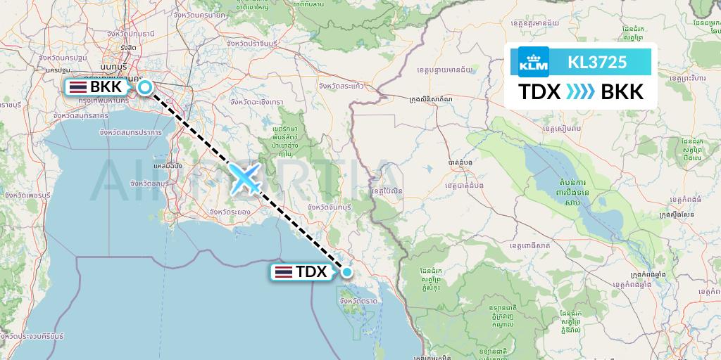 KL3725 KLM Flight Map: Trat to Bangkok