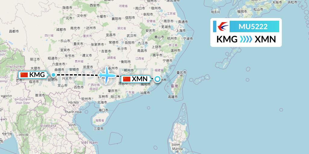 MU5222 China Eastern Airlines Flight Map: Kunming to Xiamen