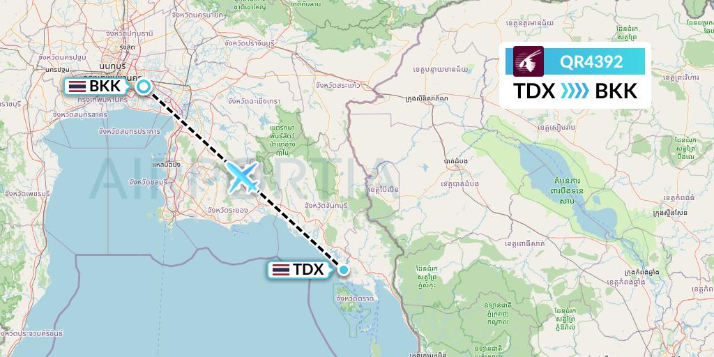 QR4392 Qatar Airways Flight Map: Trat to Bangkok