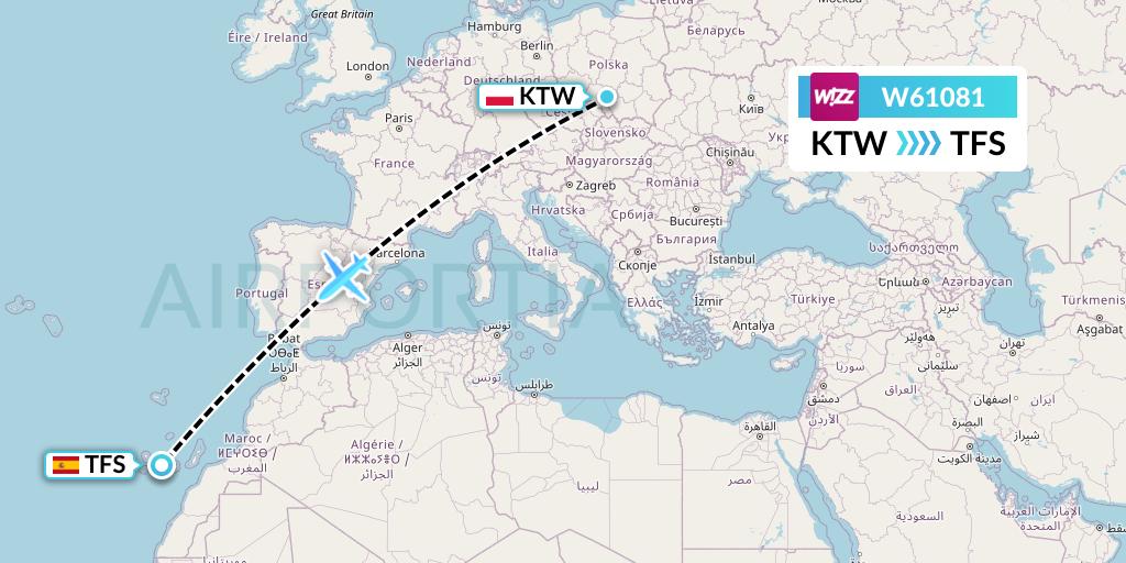 W61081 Wizz Air Flight Map: Katowice to Tenerife