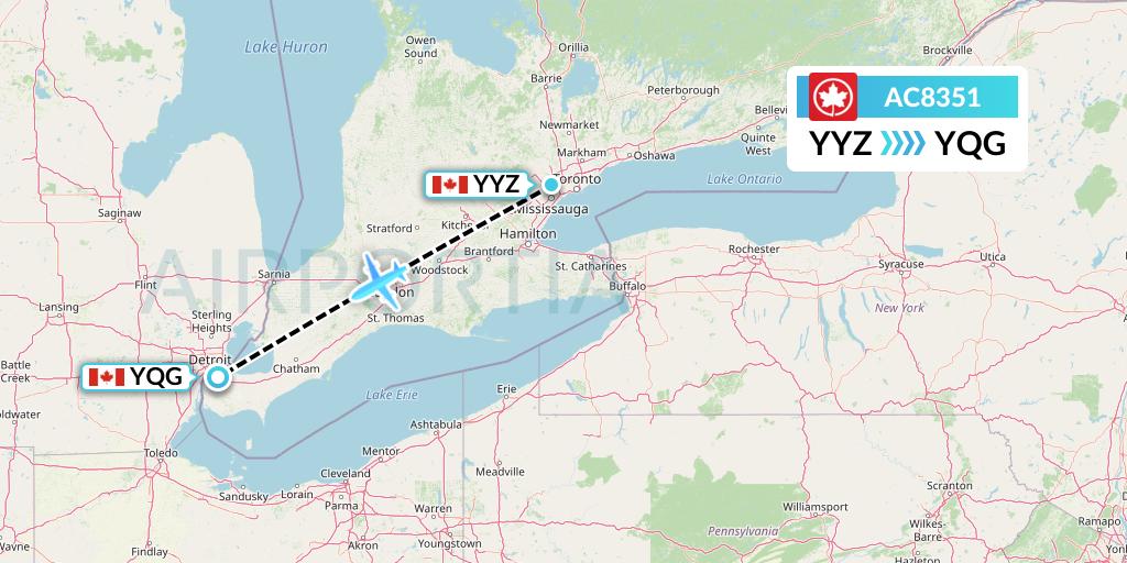 AC8351 Air Canada Flight Map: Toronto to Windsor