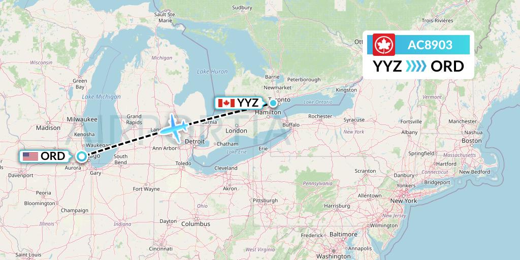AC8903 Air Canada Flight Map: Toronto to Chicago