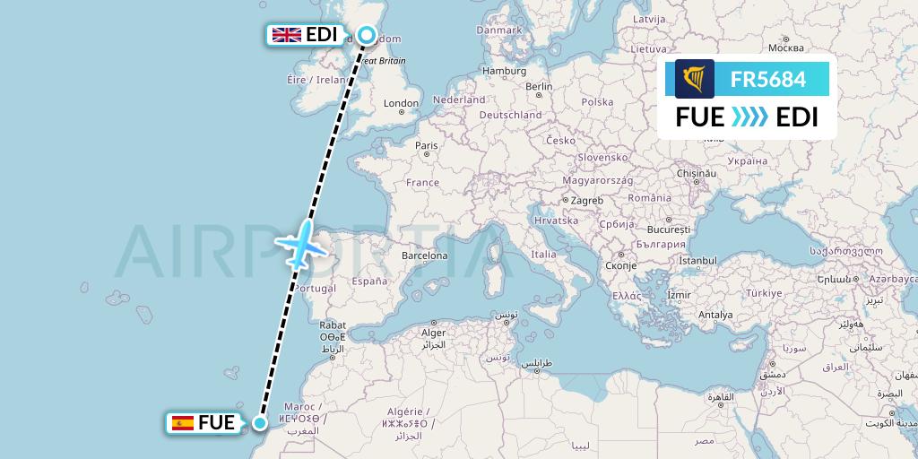 FR5684 Ryanair Flight Map: Fuerteventura to Edinburgh