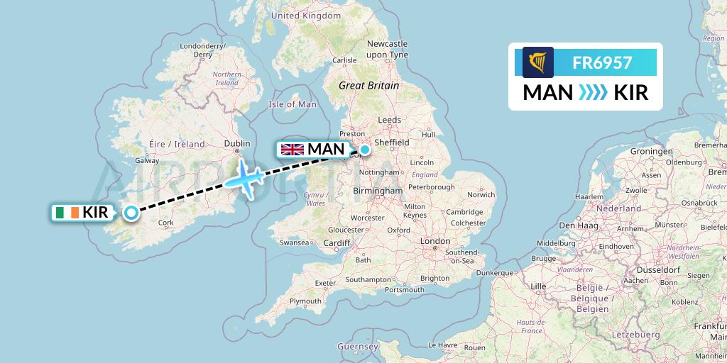 FR6957 Ryanair Flight Map: Manchester to Kerry
