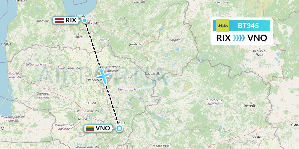 BT345 Air Baltic Flight Map: Riga to Vilnius