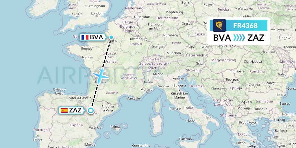 FR4368 Ryanair Flight Map: Paris to Zaragoza