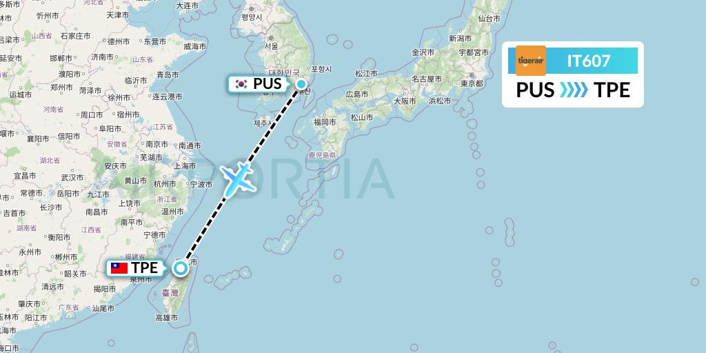 IT607 Tigerair Taiwan Flight Map: Busan to Taipei