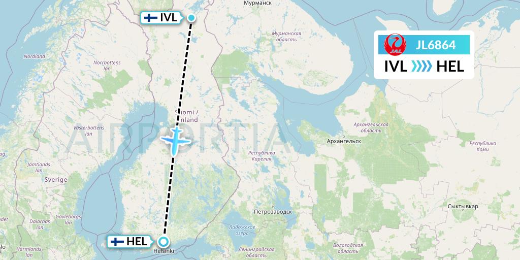 JL6864 Japan Airlines Flight Map: Ivalo to Helsinki