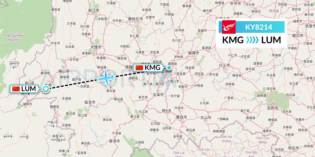 KY8214 Kunming Airlines Flight Map: Kunming to Mangshi