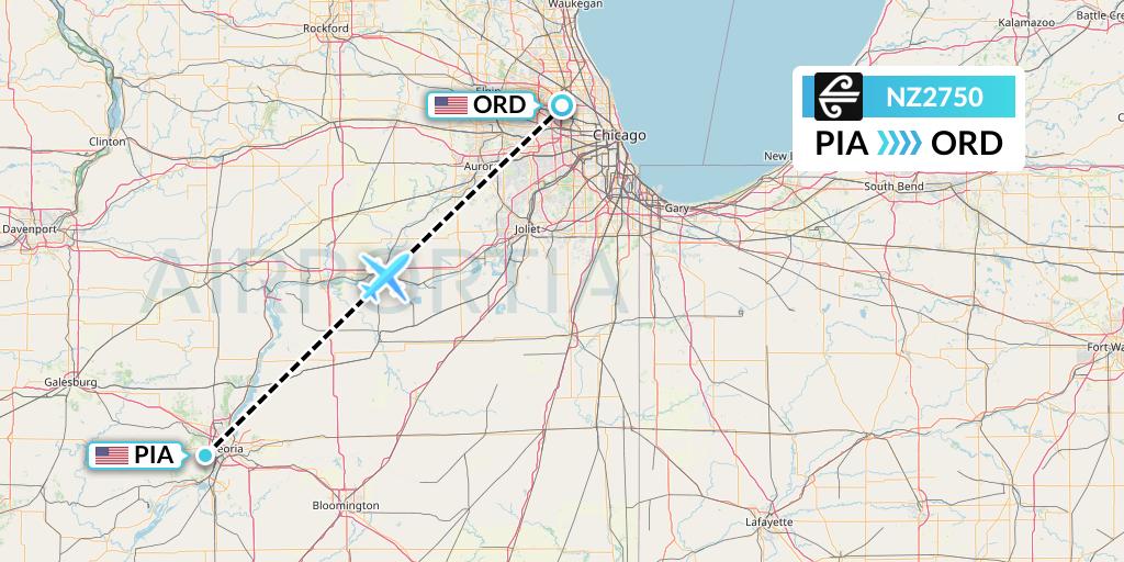 NZ2750 Air New Zealand Flight Map: Peoria to Chicago