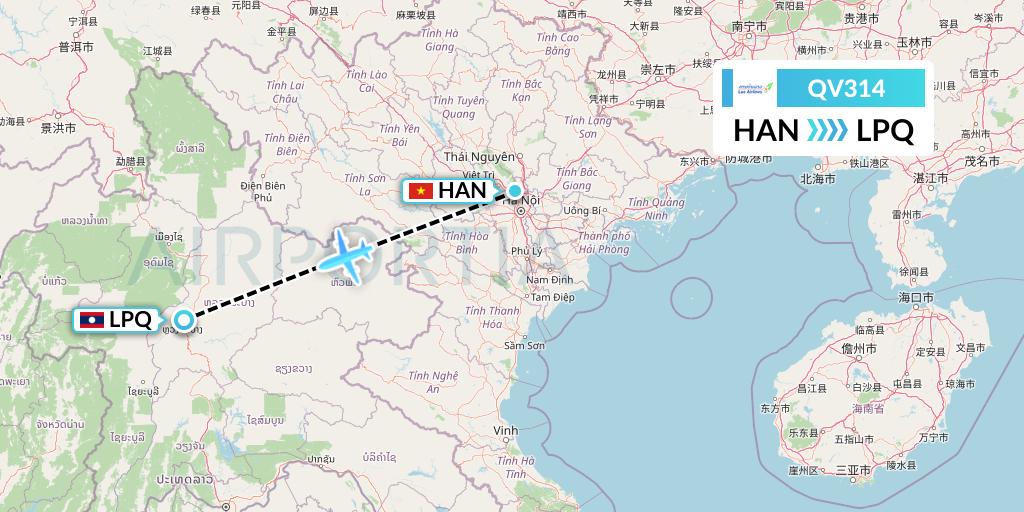 QV314 Lao Airlines Flight Map: Hanoi to Luang Prabang