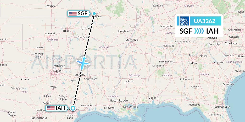 UA3262 United Airlines Flight Map: Springfield to Houston
