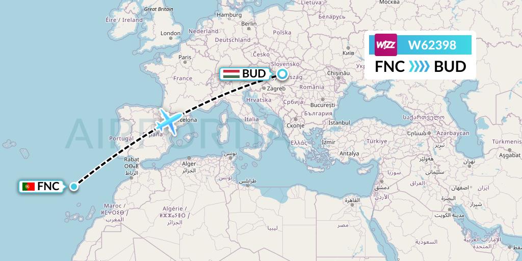 W62398 Wizz Air Flight Map: Funchal to Budapest