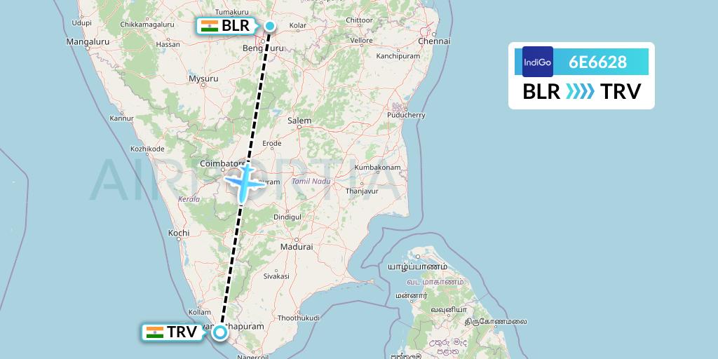 6E6628 IndiGo Airlines Flight Map: Bangalore to Thiruvananthapuram