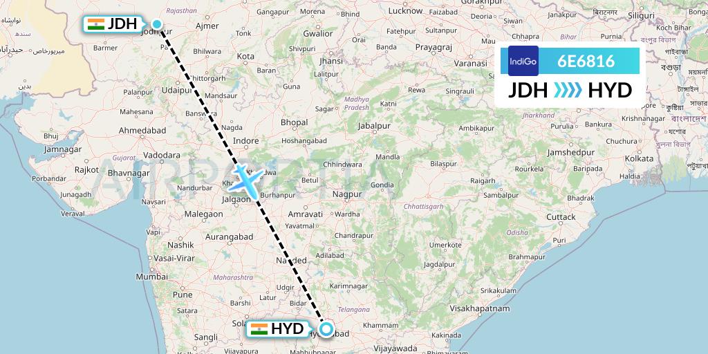 6E6816 IndiGo Airlines Flight Map: Jodhpur to Hyderabad