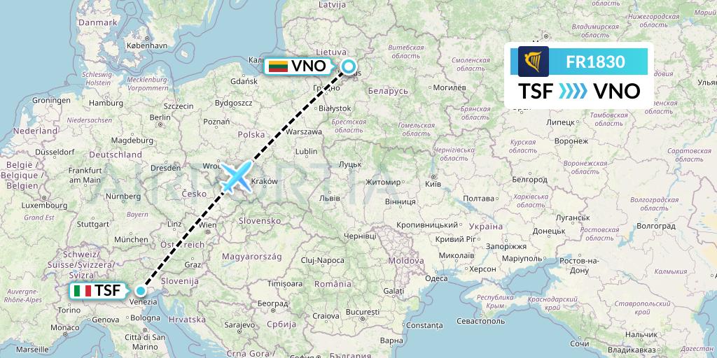 FR1830 Ryanair Flight Map: Treviso to Vilnius