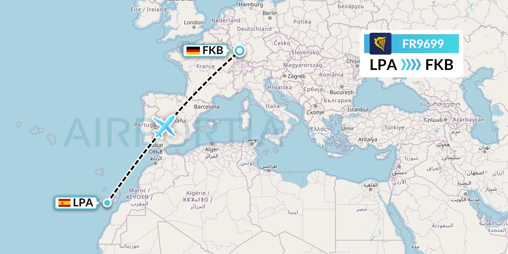 FR9699 Ryanair Flight Map: Las Palmas to Karlsruhe/Baden-Baden