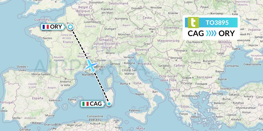TO3895 Transavia France Flight Map: Cagliari to Paris
