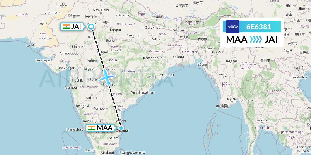6E6381 IndiGo Airlines Flight Map: Chennai to Jaipur