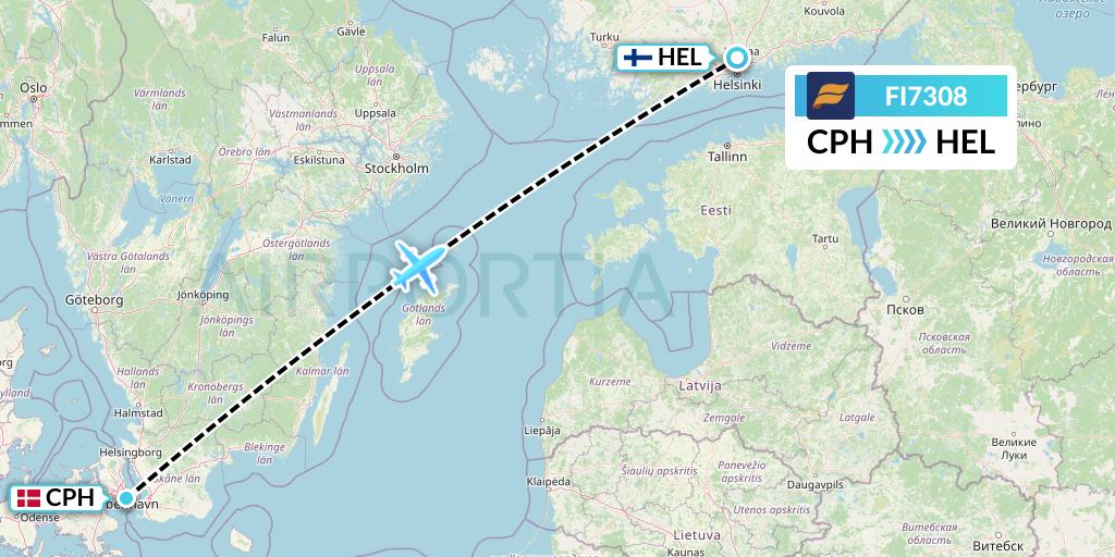 FI7308 Icelandair Flight Map: Copenhagen to Helsinki