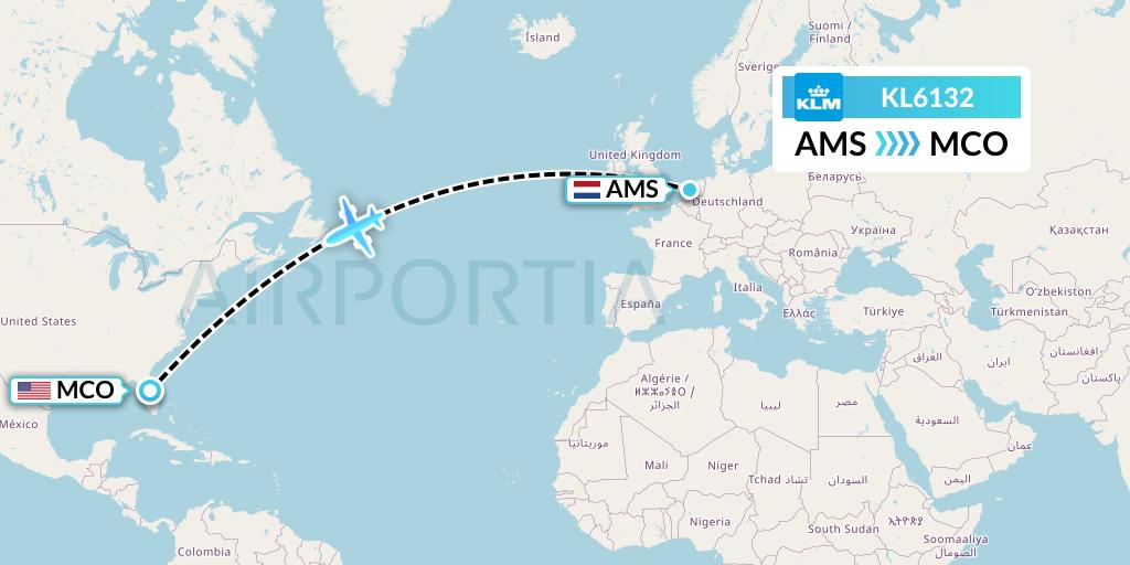 KL6132 KLM Flight Map: Amsterdam to Orlando