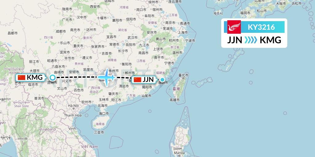 KY3216 Kunming Airlines Flight Map: Jinjiang to Kunming
