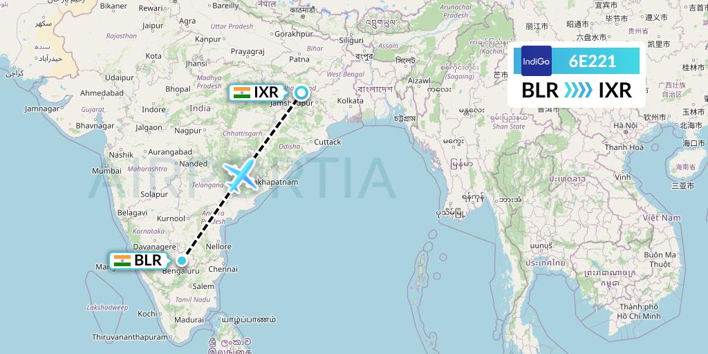 6E221 IndiGo Airlines Flight Map: Bangalore to Ranchi
