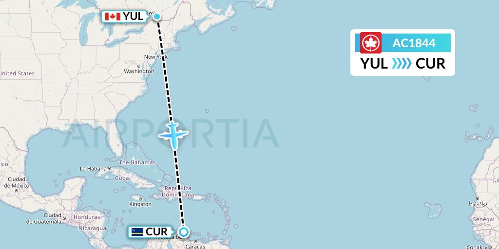 AC1844 Air Canada Flight Map: Montreal to Willemstad