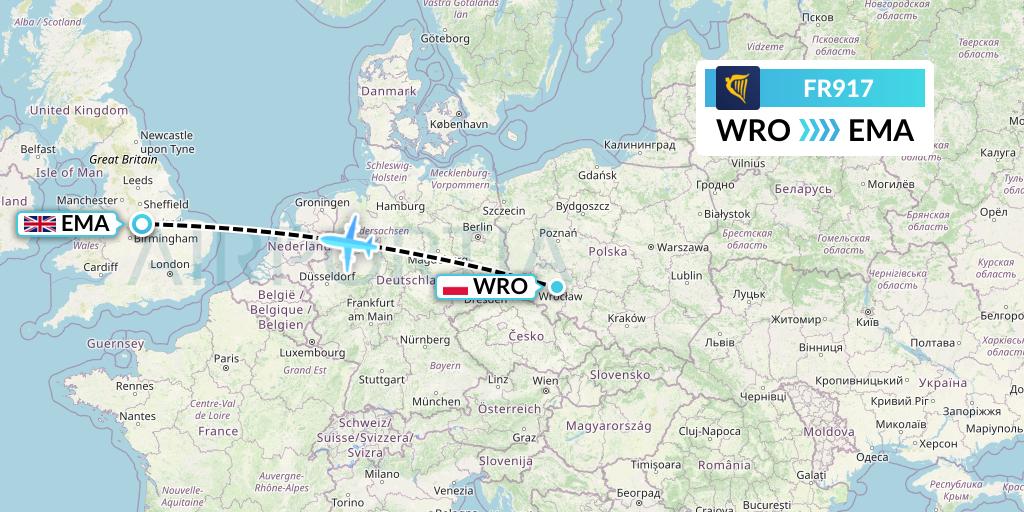 FR917 Ryanair Flight Map: Wroclaw to East Midlands
