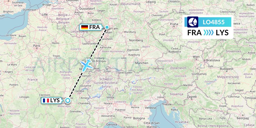 LO4855 LOT Flight Map: Frankfurt to Lyon