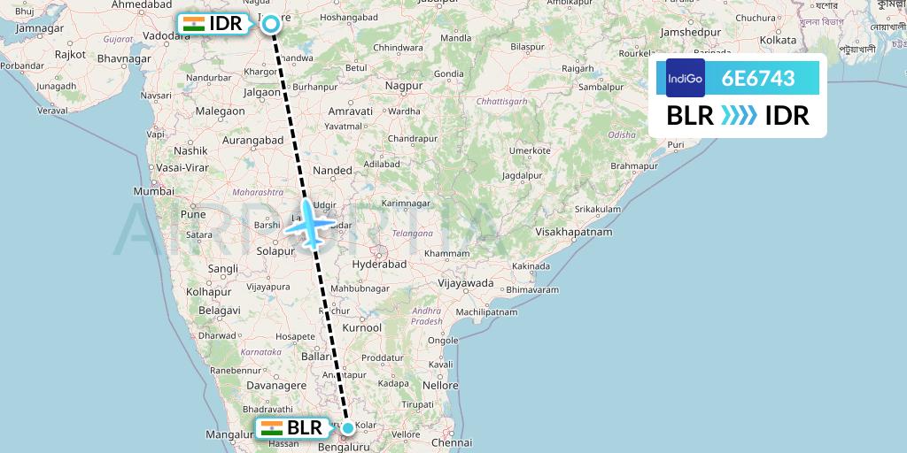6E6743 IndiGo Airlines Flight Map: Bangalore to Indore