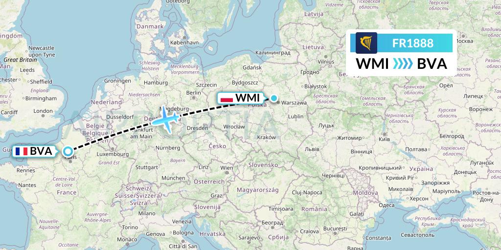 FR1888 Ryanair Flight Map: Warsaw to Paris