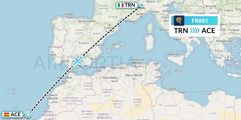 FR881 Ryanair Flight Map: Turin to Lanzarote