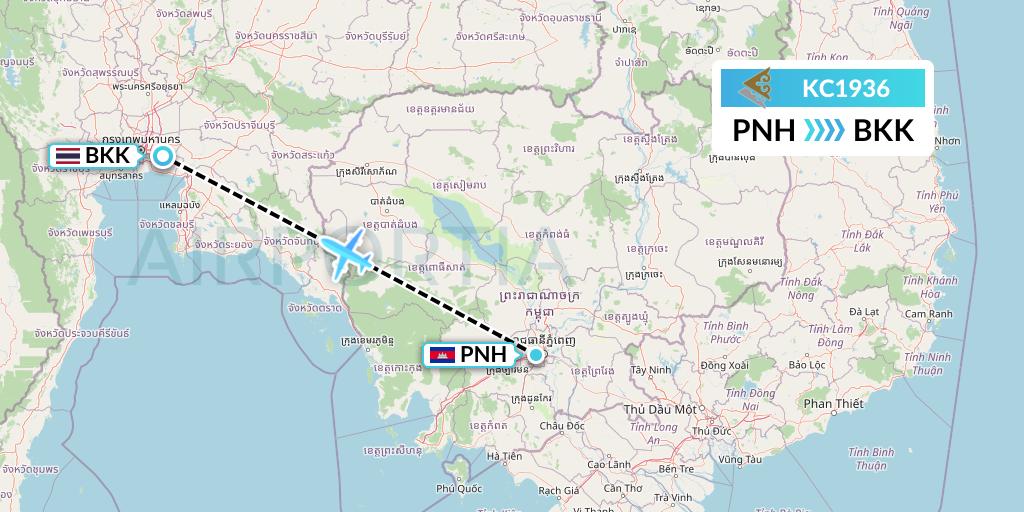 KC1936 Air Astana Flight Map: Phnom Penh to Bangkok